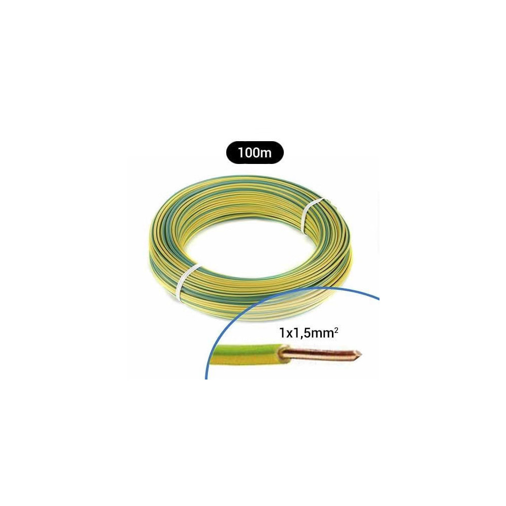 Fil électrique rigide H07VU 1.5² vert / jaune -